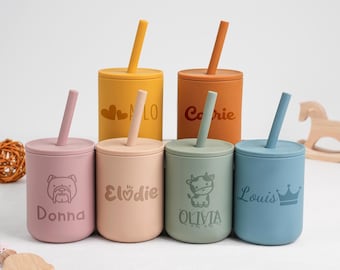 Personalized Silicone Cup with Straw for Babies,Engraved Toddler Cup with Lid,Non-Spill Baby Training Cup,Engraved Name Cup,Baby Shower Gift