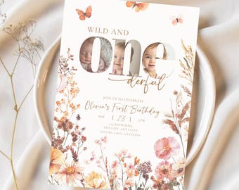 Invitación de cumpleaños salvaje y única para niña Invitación de flores silvestres Invitación digital salvaje y única Invitación de primer cumpleaños con foto