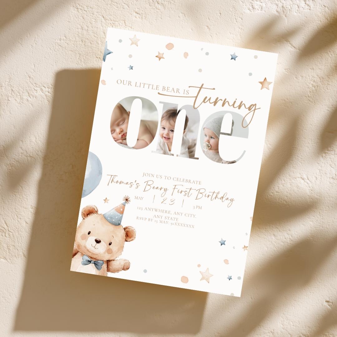 Beary First Birthday Invitation Photo Teddy Bear 1st Birthday Boy ...
