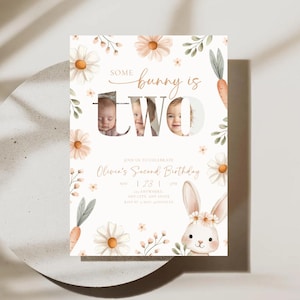 May include: A birthday invitation with a bunny theme. The invitation features the text "Some bunny is two" with photos of a baby. Floral and carrot illustrations surround the text. The invitation also includes the text "Olivia's Second Birthday".
