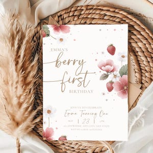 Berry first birthday invitation strawberry theme for baby girl, minimalist boho design with soft watercolor florals