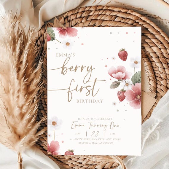 Berry First Birthday Invitation Editable Strawberry Invite First Birthday Girl Idea Boho Berry Birthday Party Theme Editable Canva Template