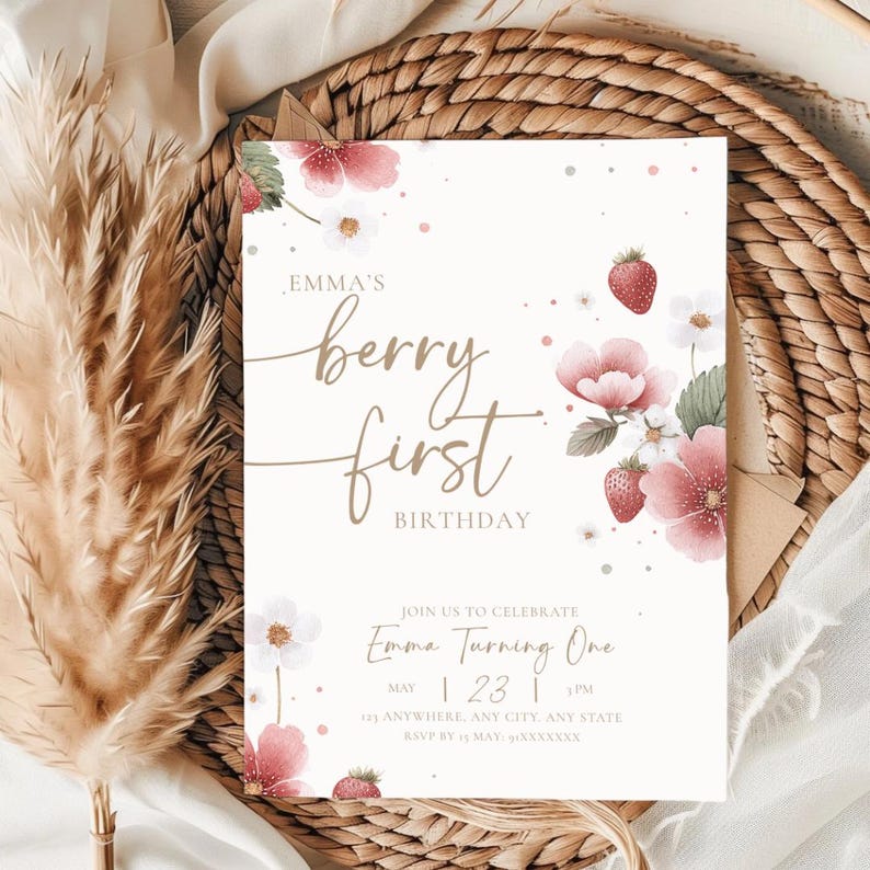 Berry first birthday invitation strawberry theme for baby girl, minimalist boho design with soft watercolor florals