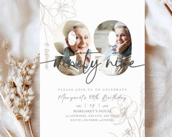99th Birthday Invitation Editable Ninety Nine Photo Invite for Women Minimalist Template Birthday Card for Grandmother Milestone Invite