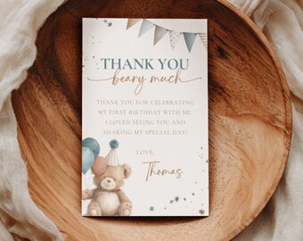 Beary eerste bedankkaart voor verjaardag teddybeer verjaardagsfeestje bedankkaart bewerkbare sjabloon 4 x 6 afdrukbare eerste verjaardag