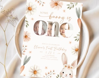 Invitación con foto de cumpleaños de "Some Bunny Is One", tema de conejito para el primer cumpleaños, idea de cumpleaños de conejito neutral, invitación con foto editable para niña