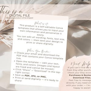 Puede incluir: Anuncio de archivo digital con el texto "This is a DIGITAL FILE". El producto es una plantilla Canva autoeditable. Se proporcionan instrucciones sobre c&oacute;mo editar, guardar y compartir el dise&ntilde;o. Incluye una secci&oacute;n "Need Help?"