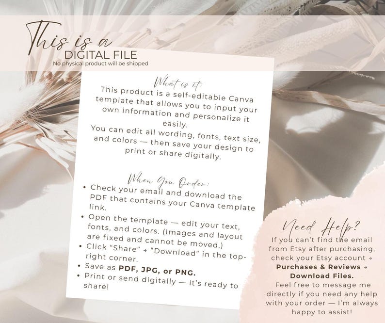 Puede incluir: Anuncio de archivo digital con el texto "This is a DIGITAL FILE". El producto es una plantilla Canva autoeditable. Se proporcionan instrucciones sobre c&oacute;mo editar, guardar y compartir el dise&ntilde;o. Incluye una secci&oacute;n "Need Help?"