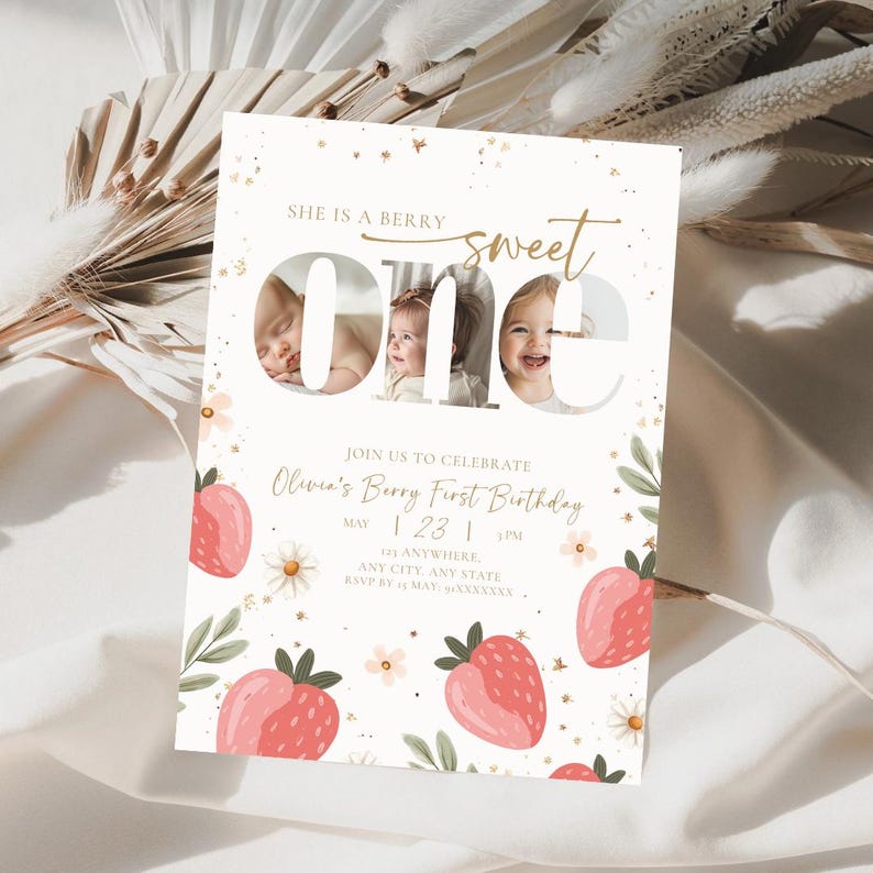 Little berry turns one photo birthday invitation for baby girl, strawberry first birthday party invite with photo frame number one design