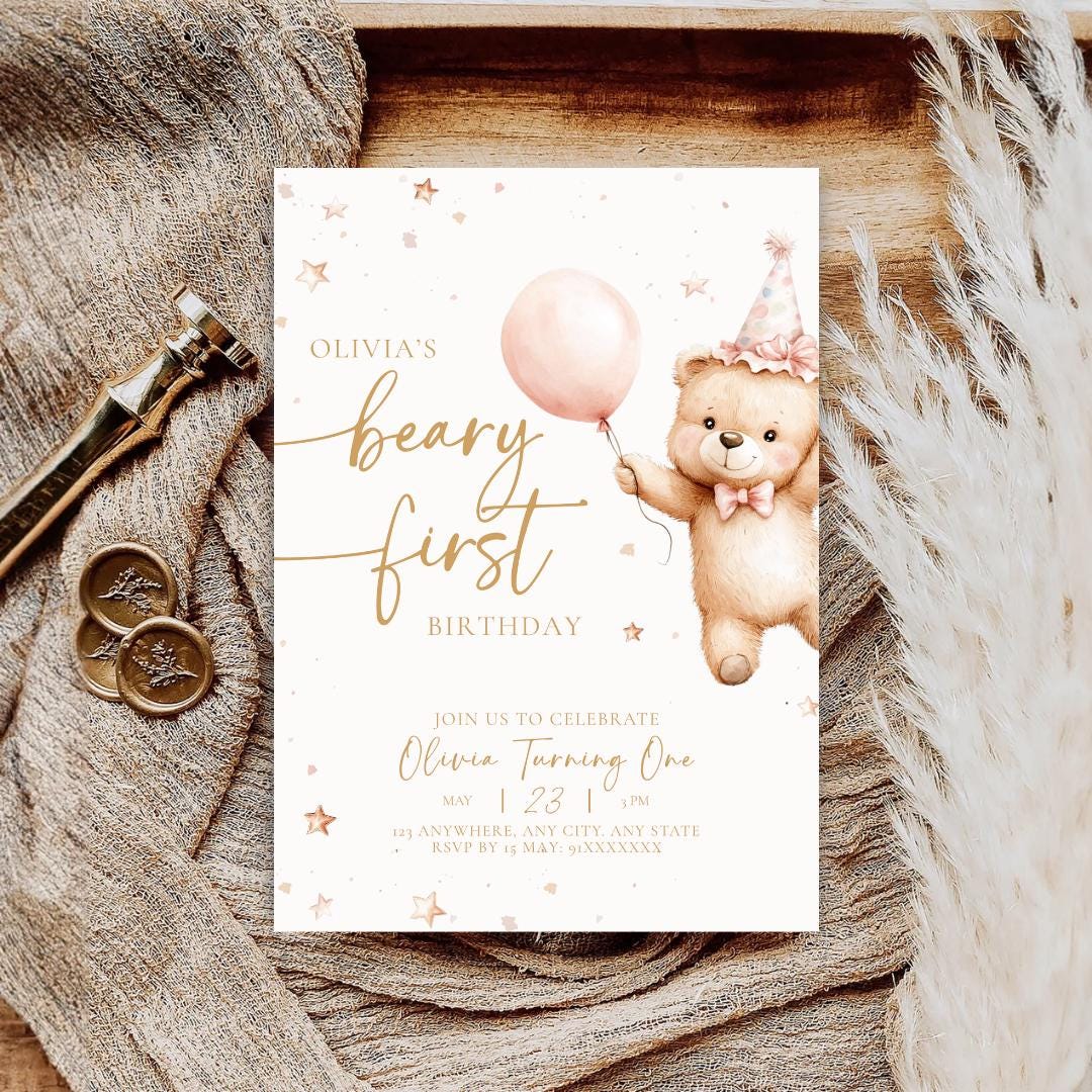 Beary First Birthday Invitation Girl Teddy Bear 1st Birthday Invite ...