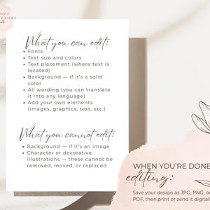 May include: A white card with text detailing editable elements like fonts, text size, and background color. It also lists non-editable elements such as background images and illustrations. The card also includes instructions to save the design as JPG, PNG, or PDF.