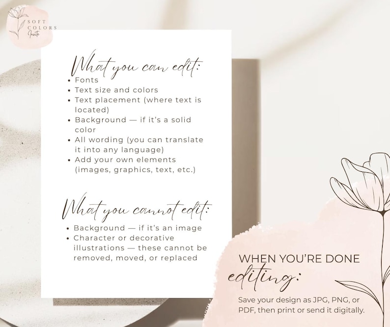 May include: A white card with text detailing editable elements like fonts, text size, and background color. It also lists non-editable elements such as background images and illustrations. The card also includes instructions to save the design as JPG, PNG, or PDF.