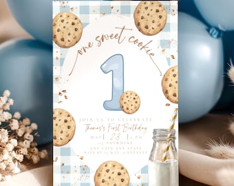 One Sweet Cookie Gingham Birthday Invitation Boy First Birthday Cookie Party Invite Editable Template Bakery Theme Printable