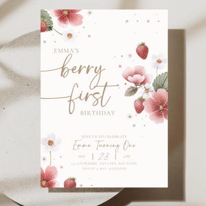 First birthday invitation for girls strawberry theme, soft neutral colors and minimal boho style