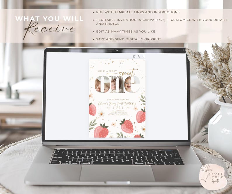 Puede incluir: Una computadora port&aacute;til muestra una plantilla de invitaci&oacute;n de primer cumplea&ntilde;os. La invitaci&oacute;n presenta el texto "sweet ONE" con fotos, fresas y detalles florales. La pantalla tambi&eacute;n muestra instrucciones: PDF con enlaces de plantillas, invitaci&oacute;n editable.
