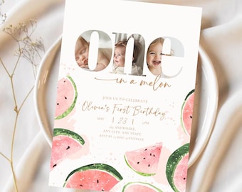 One in a Melon First Birthday Invitation With Photo Watermelon Theme Girl Summer Birthday Invite Editable Melon Photo Template Idea for Girl