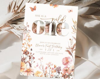 Wild Blumen Foto Einladung Wildblumen Boho Geburtstag einladen Floral bearbeitbare 1.Geburtstagseinladung mit Foto Mädchen drehen 1