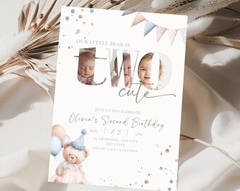 Teddy Bear Second Birthday Photo Invitation for 2 Year Old Girl Editable Bear Invite for Girls Minimal Boho 2nd Birthday Idea Canva Template