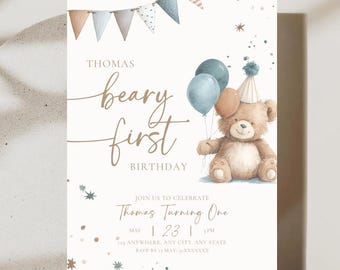Invitación de primer cumpleaños de Beary, invitación de primer cumpleaños para niño, Beary One, invitación de osito de peluche, plantilla de bebé minimalista estilo boho con acuarelas, editable.