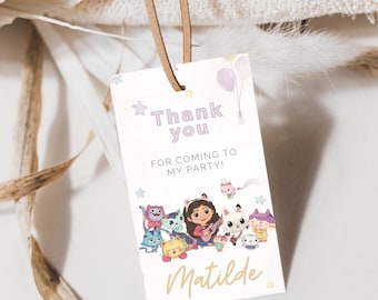 Etichette di ringraziamento ispirate alla casa delle bambole Gabby - Etichetta modificabile per bomboniere - Modello stampabile per la festa di compleanno dei bambini