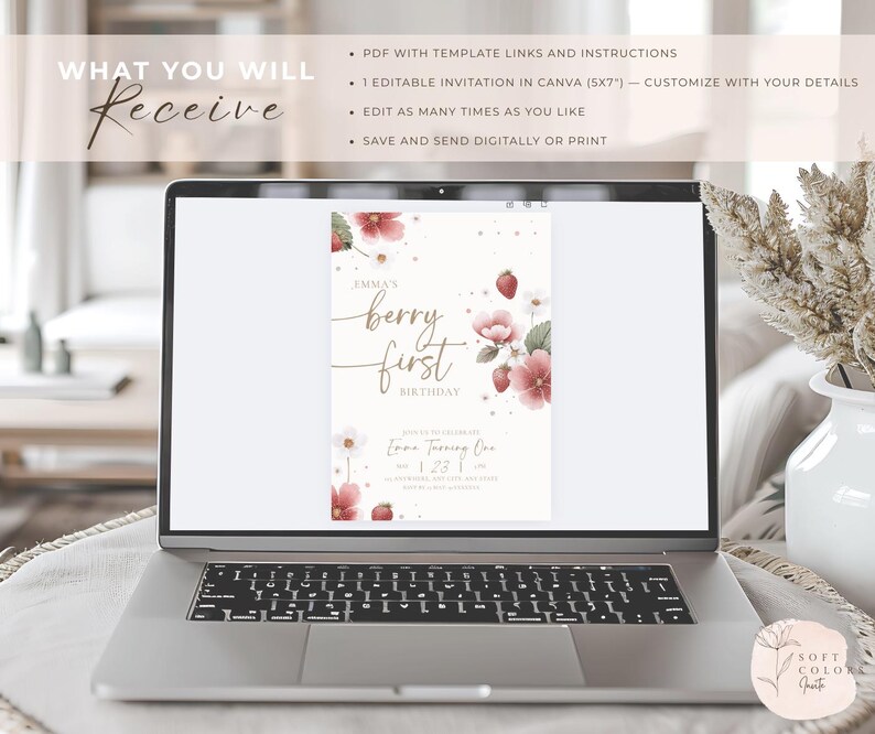 May include: A laptop displays a digital invitation with the text "Emma's berry first birthday." The invitation features watercolor illustrations of strawberries and flowers. The laptop screen also shows text: "What you will receive" and bullet points about the product.