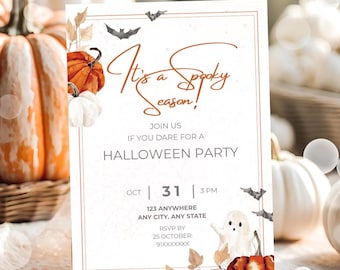 May include: Halloween party invitation with the text "It's a Spooky Season!" in elegant script. The invitation features watercolor pumpkins, bats, and a ghost. The date is October 31st at 3 PM.