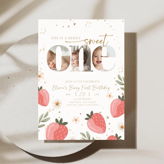 Berry First Birthday Photo Invitation Girl Berry Sweet One First Birthday Invitation Modern 1st Birthday Editable Photo Strawberry Invite
