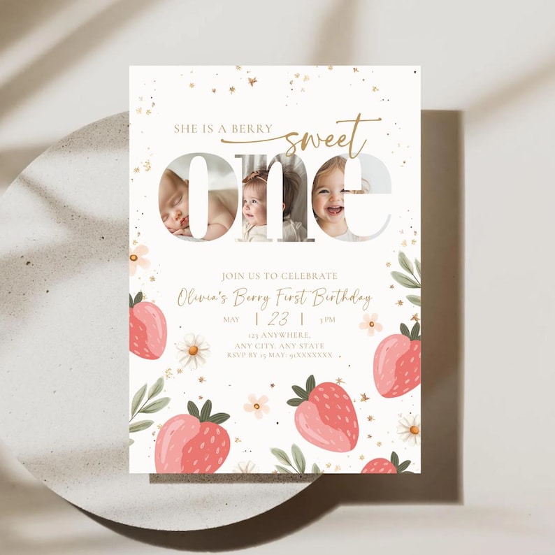 Berry first birthday photo invitation for girl with strawberry theme, berry sweet one first birthday invite with photo collage number one template editable in Canva