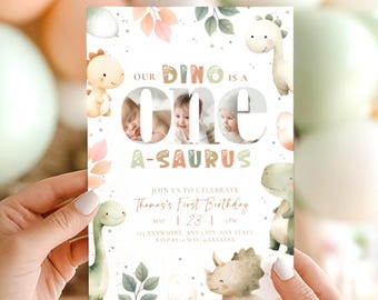 One A Saurus Dinosaur First Birthday Invitation Printable Photo Invite Dinosaur 1st Birthday Invite Boy Neutral Boho Dino Birthday Party