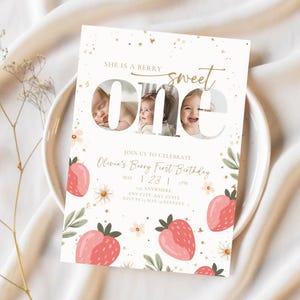 Strawberry berry first birthday photo invitation girl, little berry turns one party invite with photo number one collage Canva template