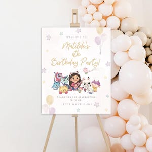 Gabby&#39;s Dollhouse Inspired Birthday Welcome Sign: Editable Party Poster (Canva Template)