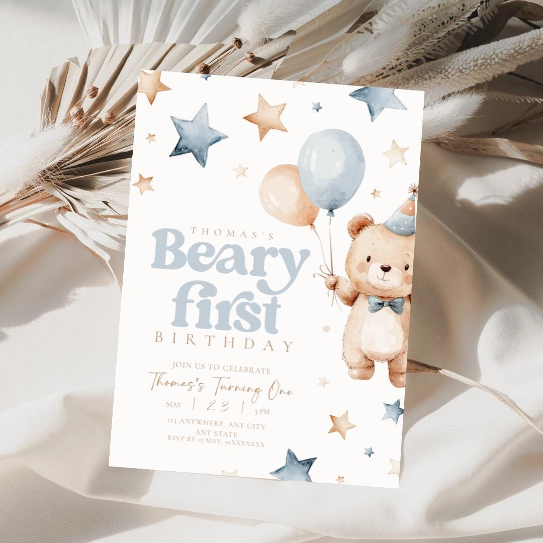 Beary First Birthday Invitation Blue Boy Teddy Bear 1st Birthday Boy ...