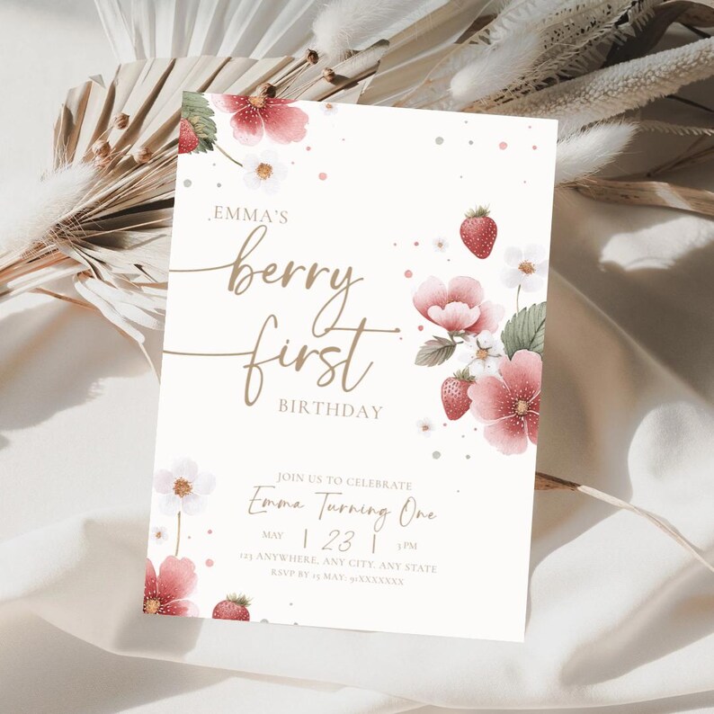 Strawberry first birthday girl invitation without photo, elegant berry themed birthday invite editable in Canva