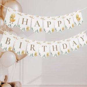 May include: A festive birthday banner with the words "HAPPY BIRTHDAY" in brown letters. The banner features illustrations of yellow ducklings, green leaves, and clouds. The banner is strung across a white wall, with balloons in the background.