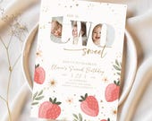 Two Sweet Birthday Photo Invitation Girl Two Sweet Birthday Invitation Editable Strawberry Theme Berry Sweet Two Party Invite Template Idea