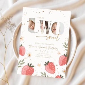 May include: A white invitation card with the text "SHE IS TWO sweet" and photos of a baby. The card is decorated with strawberries, flowers, and leaves. The text "Olivia's Second Birthday" is also present.