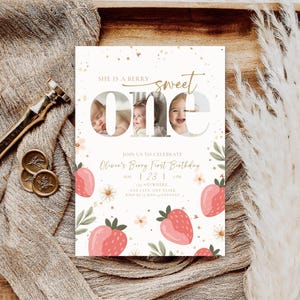 Berry sweet one first birthday invitation with photo for girl, strawberry berry themed birthday party invite template idea and inspiration