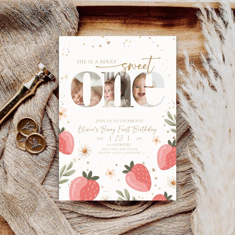 Berry sweet one first birthday invitation with photo for girl, strawberry berry themed birthday party invite template idea and inspiration