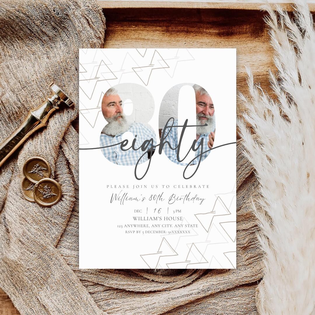 80th Birthday Invitation Editable Eighty Birthday Photo Invite Modern ...