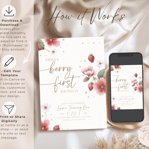 Strawberry themed Idea first birthday invitation for girls, minimalist berry birthday design editable in Canva