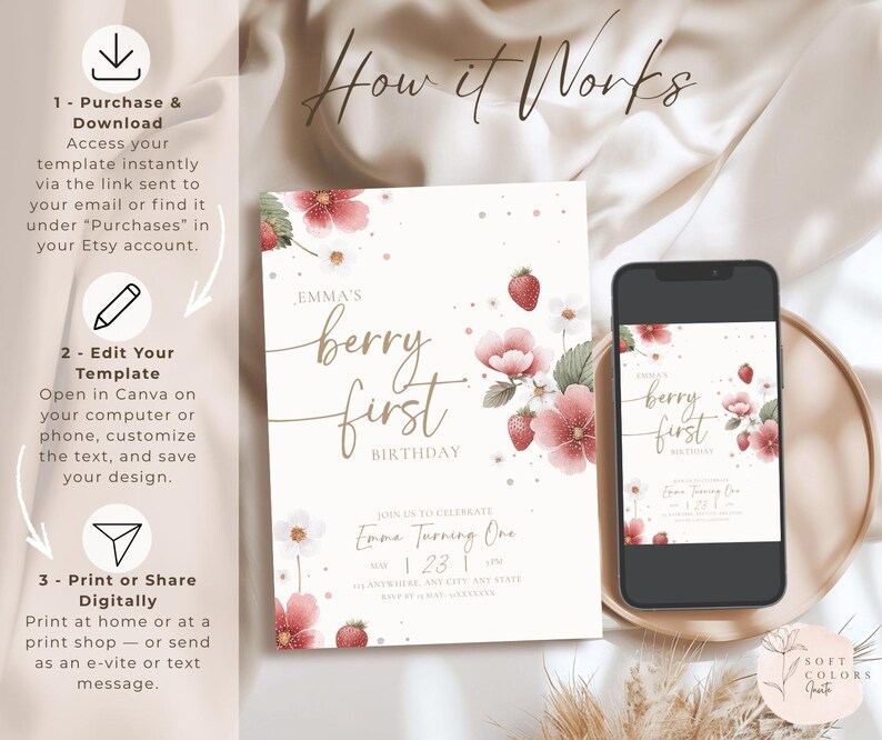 Strawberry themed Idea first birthday invitation for girls, minimalist berry birthday design editable in Canva