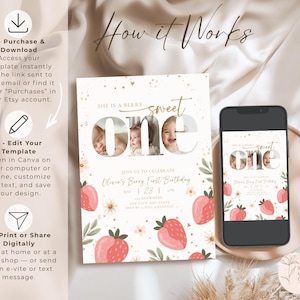 Puede incluir: Una invitaci&oacute;n digital con tema de bayas, con el texto "She is a berry sweet ONE". El dise&ntilde;o incluye fresas, detalles florales y una foto. Un smartphone muestra la invitaci&oacute;n. Se incluyen instrucciones.