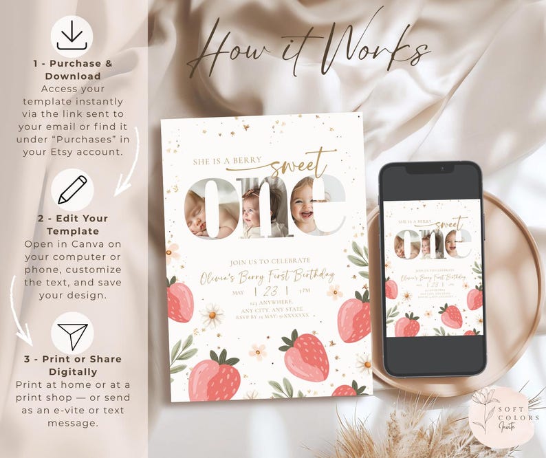 Puede incluir: Una invitaci&oacute;n digital con tema de bayas, con el texto "She is a berry sweet ONE". El dise&ntilde;o incluye fresas, detalles florales y una foto. Un smartphone muestra la invitaci&oacute;n. Se incluyen instrucciones.