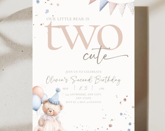 Teddy Bear Second Birthday Invitation for 2 Year Old Girl Editable Bear Invite for Girls Minimal Boho 2nd Birthday Idea Canva Template