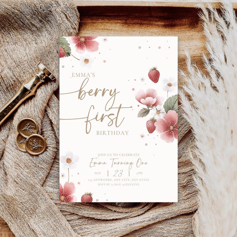 Boho berry first birthday invitation for baby girl, strawberry birthday party printable invite