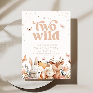 Invitación de cumpleaños con temática de animales: Dos invitaciones salvajes, invitación de cumpleaños con temática de bosque para niñas, invitación editable para el segundo cumpleaños.