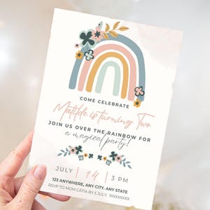 Dusty Boho Rainbow Birthday Invitation Girl | Editable Canva Template | Pastel Rainbow Invite for Baby or Toddler | Digital Download