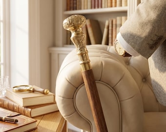 May include: A walking cane featuring a polished brass handle with intricate embossed floral and eagle motifs, attached to a straight, dark brown wooden shaft. The handle is rounded and textured, showcasing detailed metalwork craftsmanship.