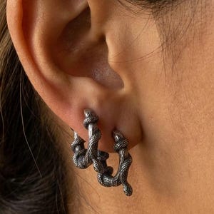 May include: Close-up of three silver-coloured hoop earrings, each designed as a snake. The earrings are worn on the ear, with the snake's body wrapping around the earlobe. The jewellery has a textured, detailed finish.