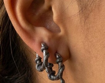 Silver Snake Hoop Earrings – Gothic Ouroboros Serpent Huggies, Men’s Statement Earrings